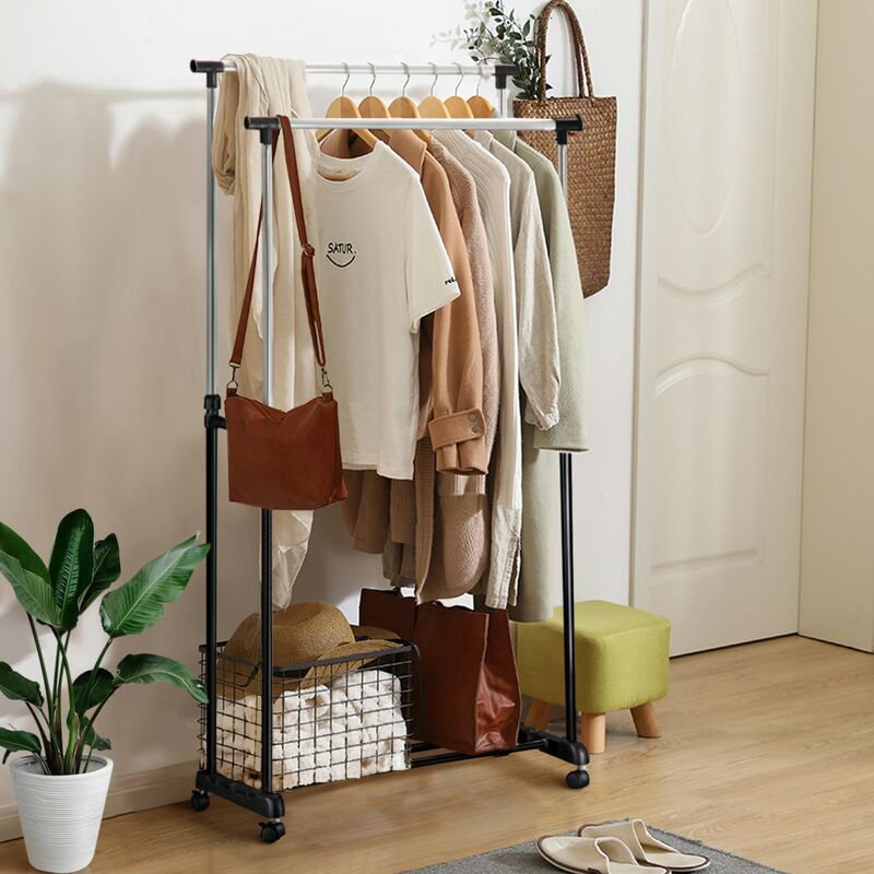 Double Clothes Rail Garment Coat Shirt Hanging Stand On Wheels