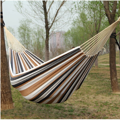 Double couleur café 260150 Hamac simple en toile, rayé épais, pour le camping en extérieur, avec panier de suspension amovible et lavable.