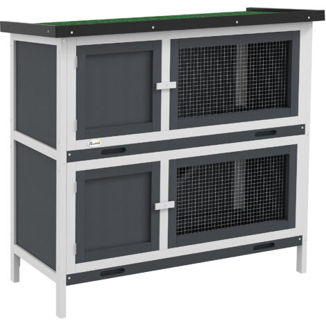 Double Decker Rabbit Hutch 2 Tier Guinea Pig House Pet Cage Outdoor with Sliding-out Tray, 100 x 47 x 91cm, Grey