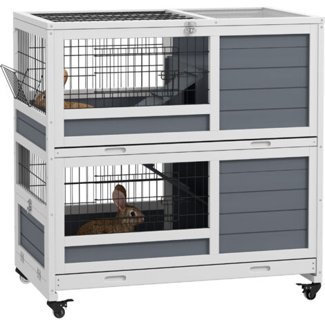 Double Deckers Guinea Pig Cage, Indoor Rabbit Hutch with Feeding Trough, Trays, Ramps, Openable Top - Grey