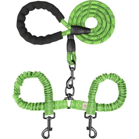 Double Dog Leash, Dual Dog Leash, 360° Swivel Tangle Free Bungee Walking Training for Medium Dogs, Shock Absorbing Bungee Reflective for Two Dogs, 18120 lbs, Green