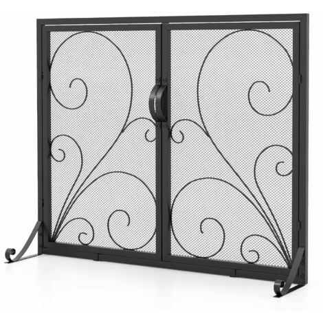 Double Door Fireplace Screen Foldable Spark Guard Metal Mesh Fire Freestanding