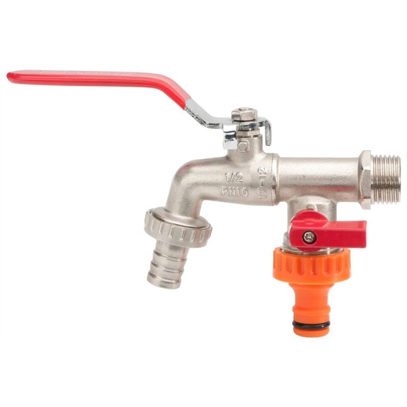 Double Duo Outlet Garden Tap Ball Valve Faucet Red Handle 1/2' x 3/4' x 3/4' BSP