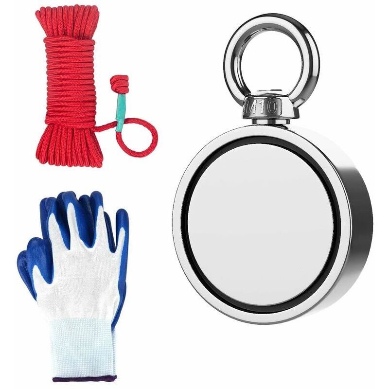 Double Faces Aimant Néodyme avec Corde gants, 345Kg Extrêmement Traction Puissant Rond Pêche Aimants Idéale pour Pêche à L'aimant et Chasse Au Trésor