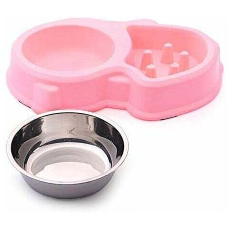 Double Food and Water Bowl Set with 1 Stainless Steel Bowl and 1 Slow Feeder Bowl for Cats and Small Dogs (Pink)