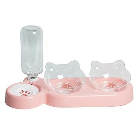 Double Gamelle Chat, Distributeur Croquettes Chat Automatique et Distributeur Eau Chat 3 en 1, Inclinable à 15° Bol pour Chat