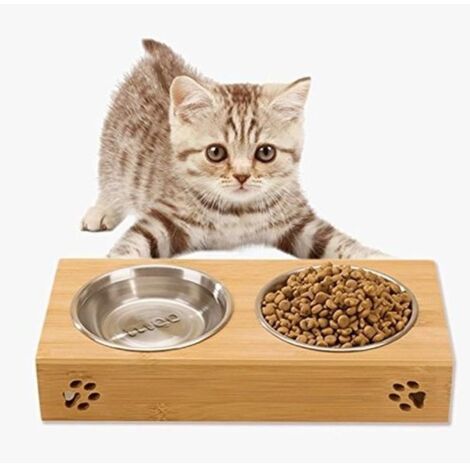 Double Gamelle Chat en INOX Amovible avec Support en Bambou，Bol pour Petit Chien Chat