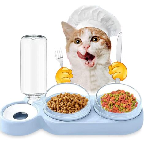 Double Gamelle Chat et Chien Surélevée, 3 en 1 Distributeurs Automatique d'eau et Nourriture pour Animaux de Compagnie, Incliné à 15°Double Bol de Nourriture, pour Les Chats et Les Chiots (Bleu)