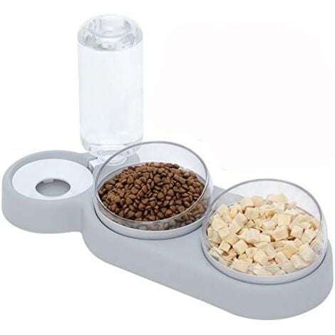 Double Gamelle Chat Surélevée,Inclinable à 15° Bol pour Chat Anti-Vomissements Bol pour Animaux de Compagnie 3-en-1 à Stockage D'eau Automatique,Disponible pour Les Chats et Les Chiots (grise)