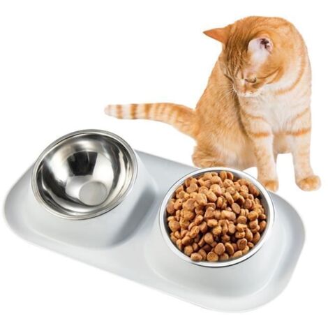 Double Gamelle pour Chien Chat Animal Chiot en Acier Inoxydable - 15° Inclinée double bol - Antidérapant Anti-déversement - Gris