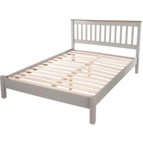 Double Grey Washed 4ft6 Slatted Low End Solid Pine Bedstead Bed Frame With Slats