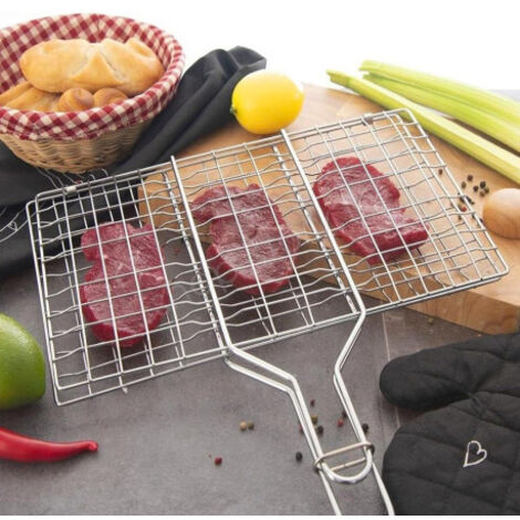 Double Grille Barbecue Rectangle 34x22 cm en Acier Chromé avec Manche en Bois