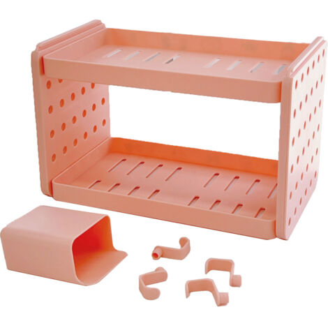 Double Layer Desktop Storage Rack Double Layer Hollow Shelf with Hooks Pen Holder for Kitchen Bathroom Office Light pink