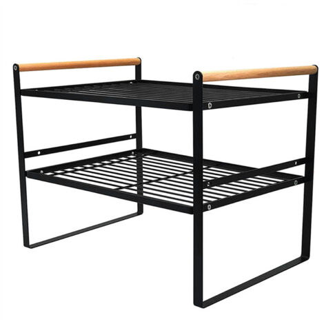 Double Layer Kitchen Storage Rack 2 Tier Non Slip Multifunctional Kitchen Organizer Shelf Black