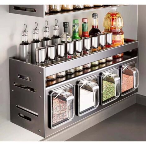 Double-layer wall-mounted kitchen spice rack, no drilling required, storage rack, suitable for wall cabinets (4 compartments)