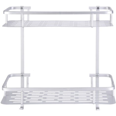 Double Layers Aluminum Wall Mounted Storage Shelf Rack with 2 Hanging Hooks Bathroom