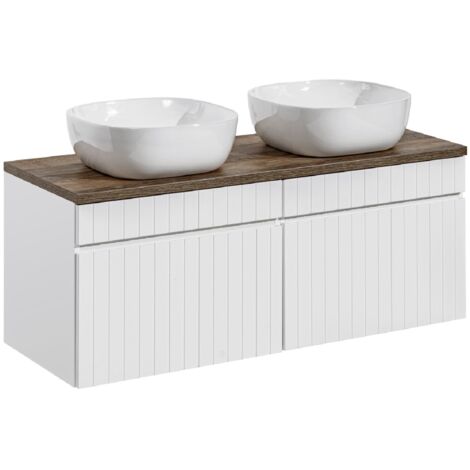 Double meuble sous vasques suspendu ICONIC blanc 120 cm avec le plan chêne Santa Fe et ses 2 vasque Smile