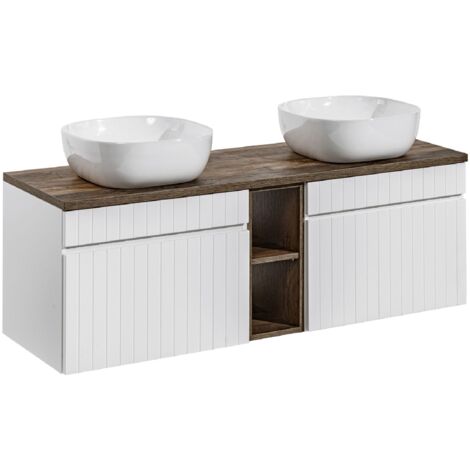 Double meuble sous vasques suspendu ICONIC blanc 140 cm avec le plan et ses 2 vasques Smile + l'extension chêne Santa Fe