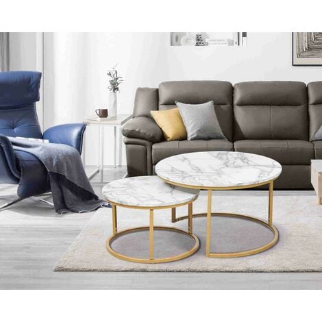 MMILO MODERN Double Nested Coffee Table Set Marble Effect Nesting Sofa Side Table Living Room