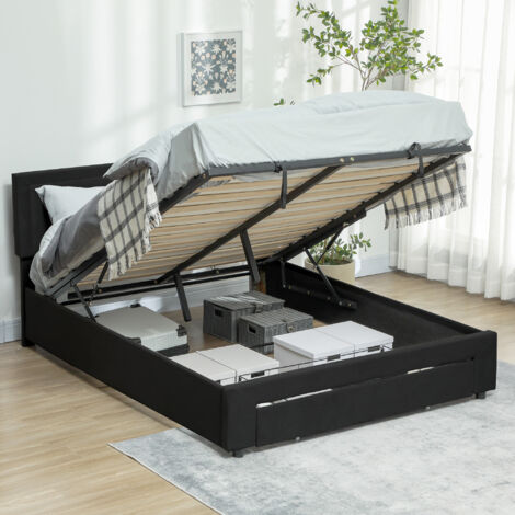 Double Ottoman Bed Frame, with Front Drawer - Black