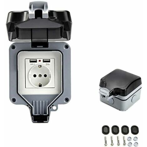 Double outdoor wall socket with USB port, waterproof and durable, equipped with a simple wall box for outdoor use.