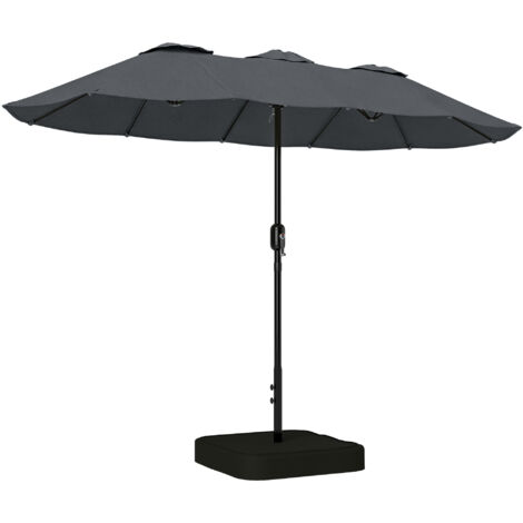 Double parasol avec 12 lattes avec manivelle, base croisée et sacs, métal et polyester, 3x1,5 m, gris foncé