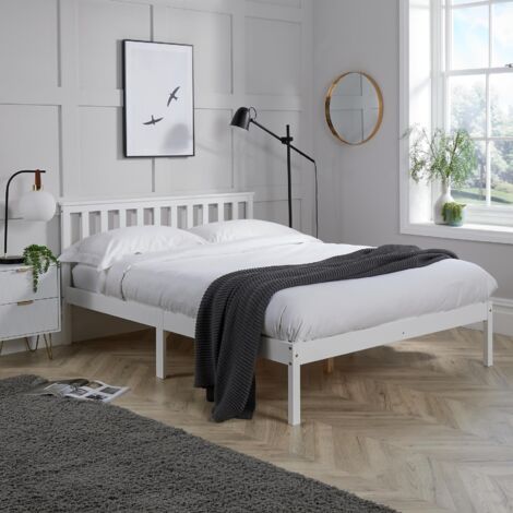 Double Pine Solid Wood Bed 4ft6 White Low End Slatted Base Headboard Furniture