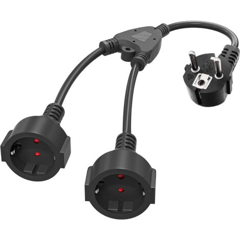 Double plug for socket, protective contact extension cable with 2 Schuko AC sockets, 2 in 1 socket adapter with flexible cable, double plug for socket Max 3680W (16A/250V) (black)
