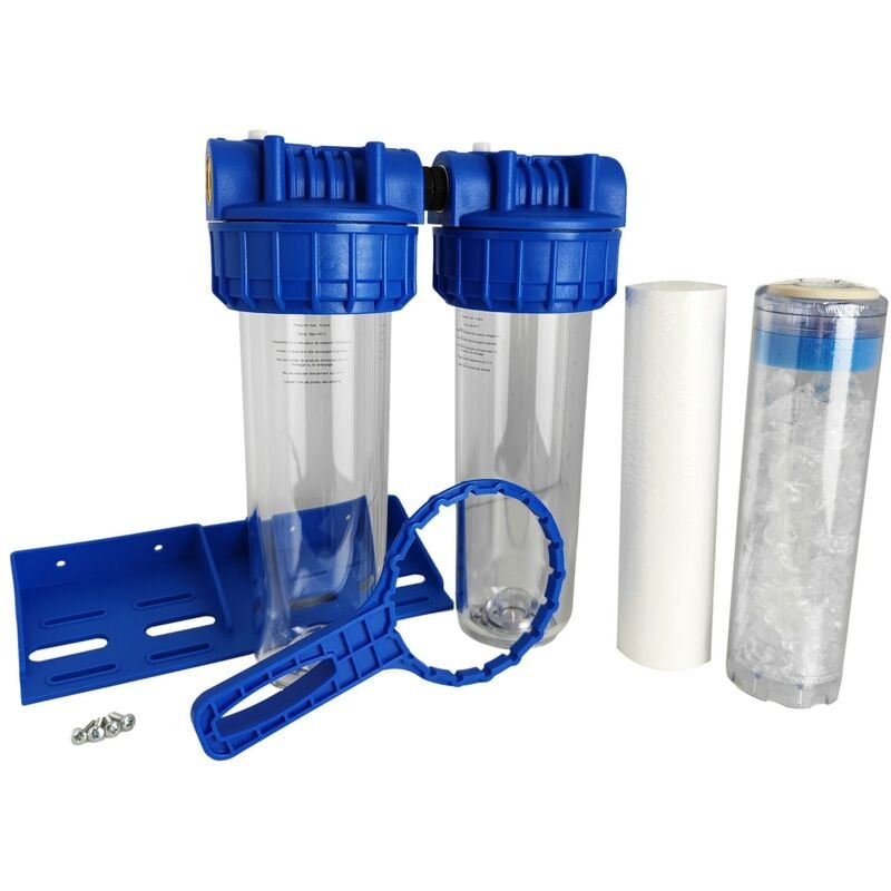 Double Porte Filtre à Eau 9 pouces 3/4 avec Cartouche 20µm Raccord 3/4 pouces - 20/27 Filtre Domestique Fabriqué en France