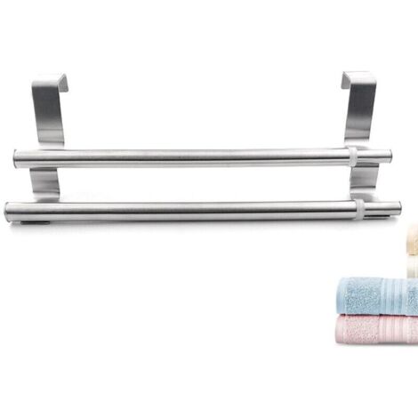 Double. Porte Serviette en Acier Inoxydable pour Portes et Placards. Porte-Torchons Double avec Installation Facile. sans Perçage- Largeur Extensible. Dimensions: 25-40 x 8 x 9 cm