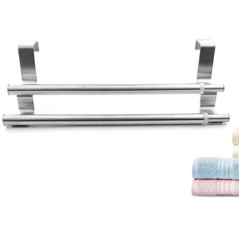 Double, Porte Serviette en Acier Inoxydable pour Portes et Placards, Porte-Torchons Double avec Installation Facile, sans Perçage- Largeur Extensible, Dimensions: 25-40 x 8 x 9 cm