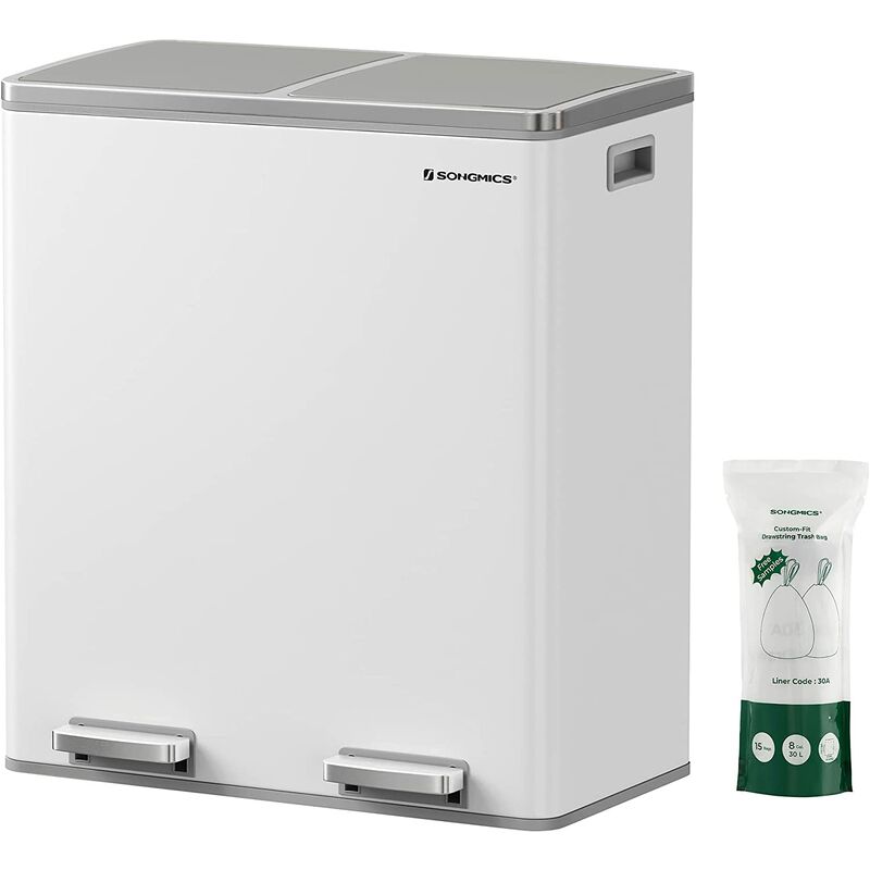 Songmics - Poubelle à double compartiment 2 x 30L, avec pédales en métal, 2 seaux intérieurs en plastique, couvercles, poignées, fermeture en
