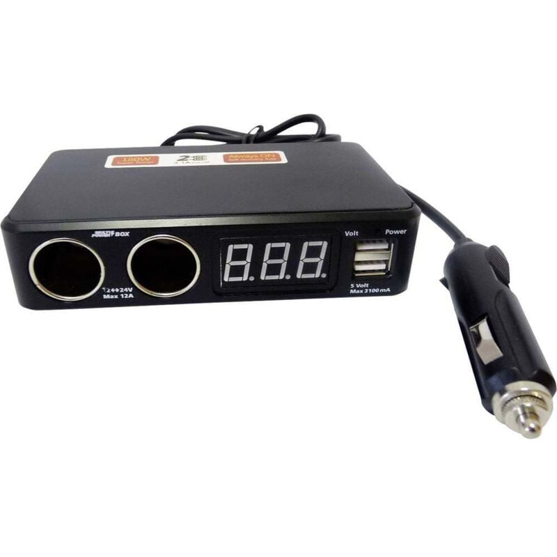 Double prise allume-cigare + 2 usb + câble 80 cm + Voltmètre Charge de courant max=6 a 12/24 v
