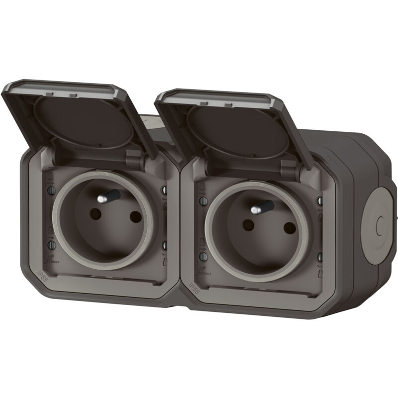Double prise terre horizontale étanche complet avec volet Plexo anthracite Legrand