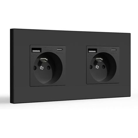 Double Prise Murale avec USB et 1 Type C,Prise de Courant Alternatif avec Panneau en Plastique,Multiprise Murale(Max 2.1A),Convient au Smartphone,à la Tablette (2 Prise avec USB et Type C,Noir)