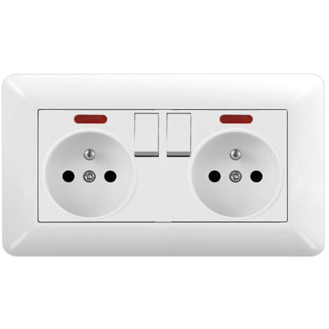 Double Prise Murale Type 146 avec Interrupteurs et Voyants  16A 220-250V Verre Blanc  Maison & Bureau