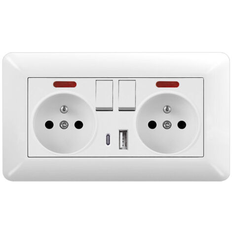 Double Prise Murale Type 146 USB-A + USB-C avec Interrupteurs et Voyants  16A 220-250V Verre Blanc  Maison & Bureau