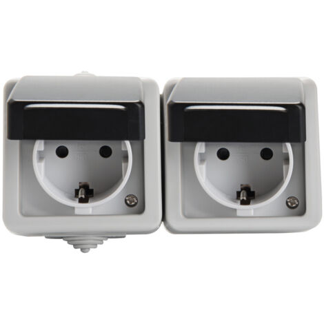 Double prise SCHUKO murale - IP54 - Protection enfants - Gris - 2x16A
