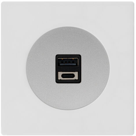 Double prise USB 2,6a a/c ALU glossy DOM + plaque simple blanc - FONTINI