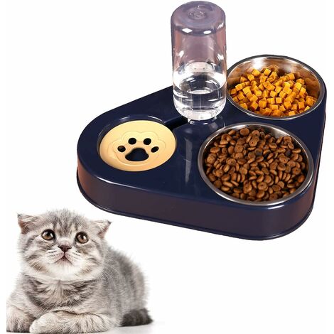 Double Raised Cat and Dog Bowl, Cat Bowl, 3-in-1 Pet Bowl with Automatic Water Storage, Stainless Steel Pet Bowl for Cats and Puppies (Blue)