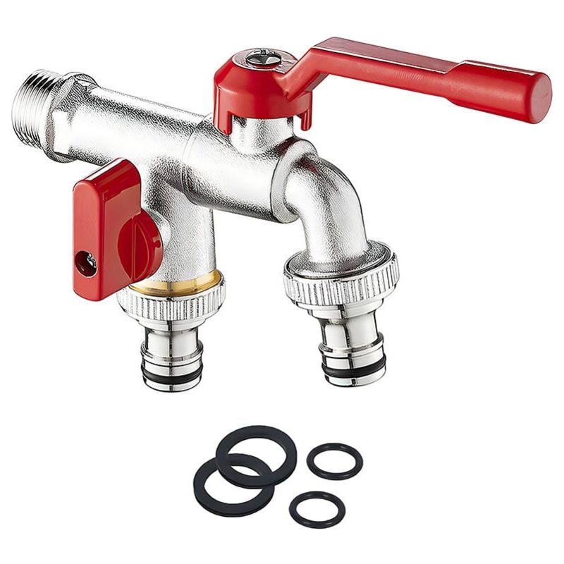Double Robinet de Jardin-3/4'' Pouce Robinet d'eau en Laiton Robinet Exterieur Mural avec 2x 3/4 pouces de sortie Pour Jardin, Machine à Laver, Baril