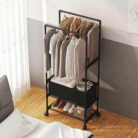 LIVINGANDHOME Double Rod Metal Clothes Rack with Laundry Basket