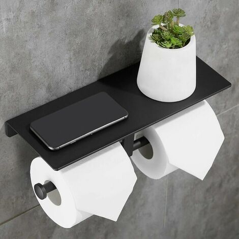 Double Roll Toilet Paper Holder Space Aluminum Wall Mounted Bathroom Paper Storage with Phone Holder Shelf Stand Shelf for Bathroom Kitchen