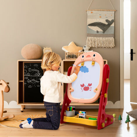 Double-Sided Adjustable Drawing Magnetic Easel with Board Games