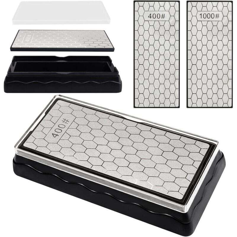 Double-Sided Diamond Sharpening Stone (400/1000 Grit, 185x92x40mm), Beeswax Knife Sharpener with Non-Slip Base, Knife and Scissor Sharpening Tool for