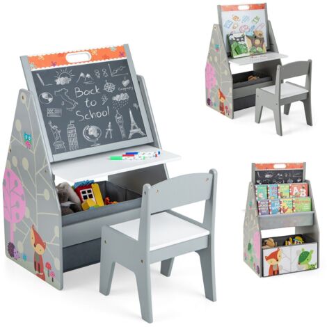 Double-Sided Kids Art Easel Play Station Table Chair Set w/Fabric Bin Bookshelf
