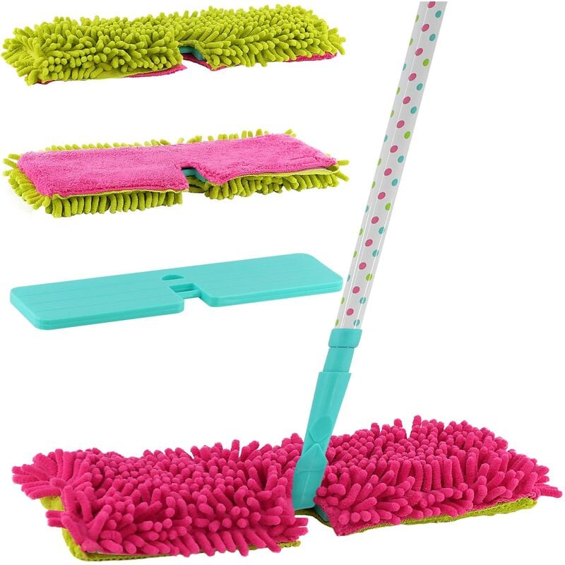 Double Sided Microfibre Mop Cleaner Sweeper Wooden Laminate Tile Floor Wet Dry + 1 Extra Refill Pad - assorted