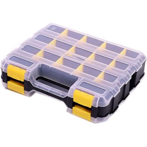 Double-sided screw sorting box, 34 compartments, small parts organizer with removable dividers, storage box for screws, nails and small parts (yellow)