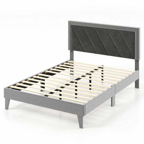 Double Size Bed Frame Velvet Upholstered Platform Bed Slat with High Headboard