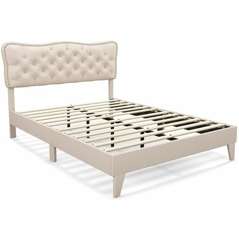 Double Size Bed Frame Wooden Slats Platform Upholstered Button Tufted Headboard